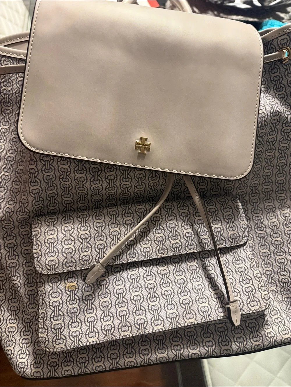Tory Burch Cream Logo-Pattern Drawstring Backpack